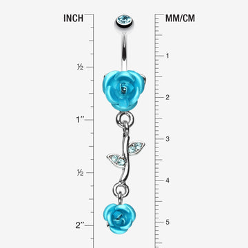 Detail View 1 of Bright Metal Rose Vine Dangle Belly Ring-Aqua